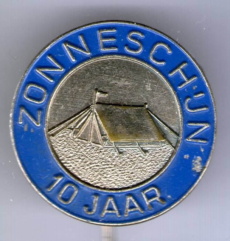 Camping Zonneschijn 10 jaar zilverkleurig speldje ( P_022), Verzenden, Zo goed als nieuw, Transport, Speldje of Pin