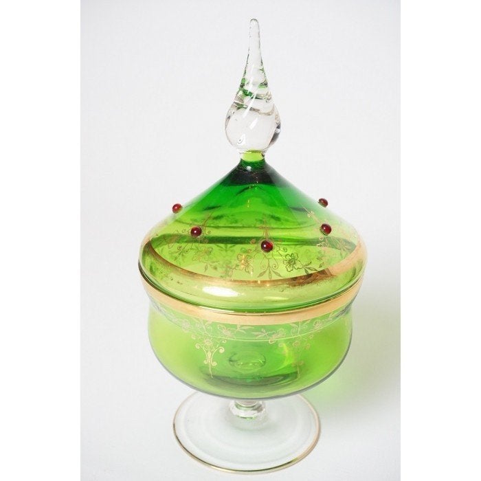 # Bonbonnière van groen met wit glas-crystal rode steentjes, Ophalen of Verzenden
