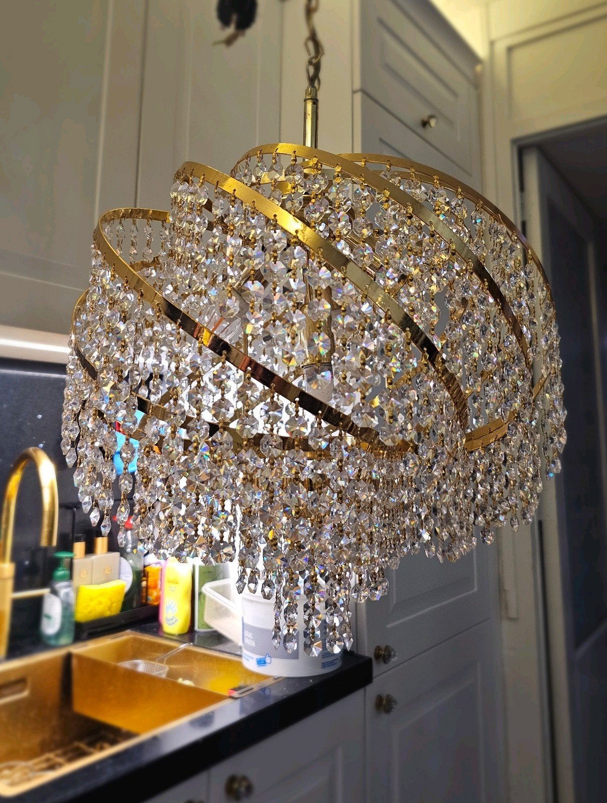 Luxe Bladgoud Swarovski Kristal Kroonluchter, Huis en Inrichting, Lampen | Kroonluchters, Ophalen of Verzenden, Zo goed als nieuw