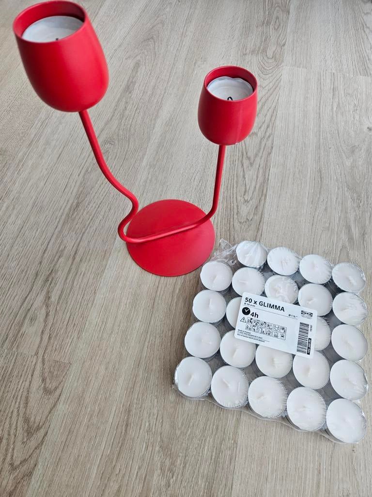 Rode kandelaar met gratis theelichtjes, Ophalen, Gebruikt, Metaal, Rood