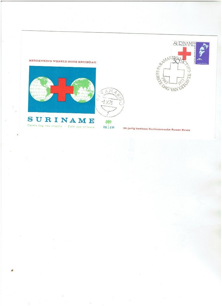 Suriname FDC E 99 Rode Kruis 1973 onbeschreven, Ophalen of Verzenden, Gestempeld