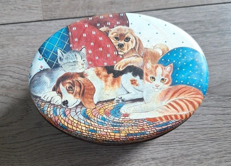 Retro dierenblik met honden en poezen ovaal, Verzamelen, Ophalen of Verzenden, Gebruikt, Overige, Overige merken