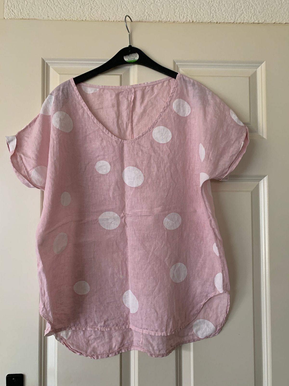Roze linnen blouse met stippen - bleke vlek, Ophalen of Verzenden, Gedragen, Maat 38/40 (M), Roze