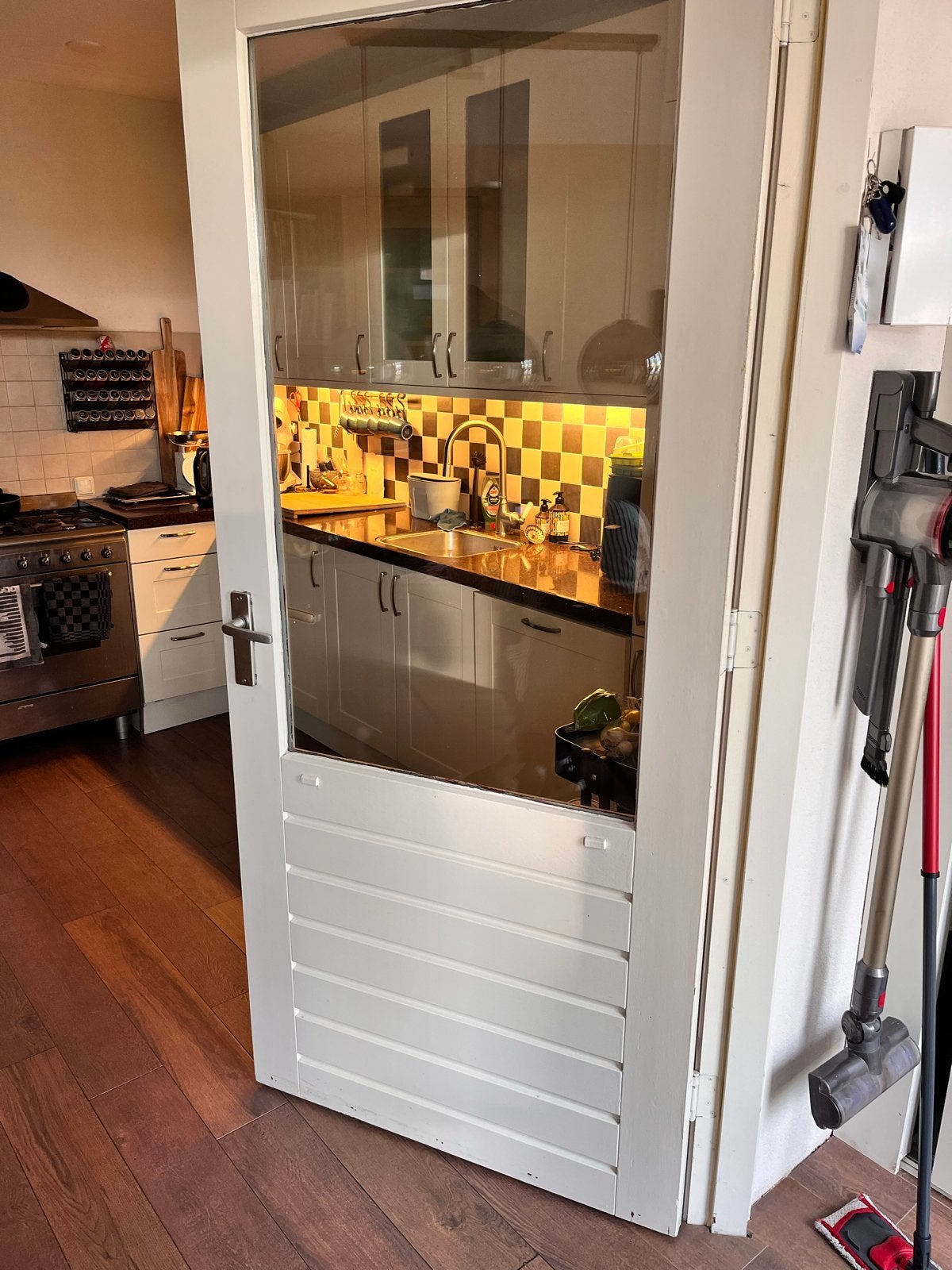 Hardhouten buitendeur met glas, Ophalen, Gebruikt, 80 tot 100 cm, Binnendeur