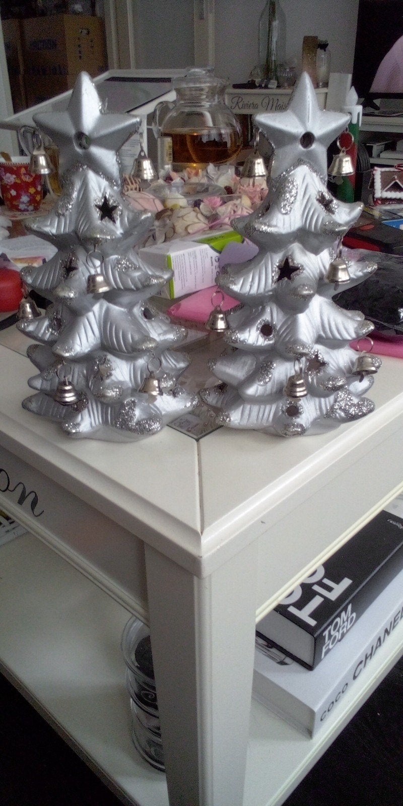 2 zilverkleurige kerstboom waxine brander met belletjes, Diversen, Kerst, Ophalen, Zo goed als nieuw