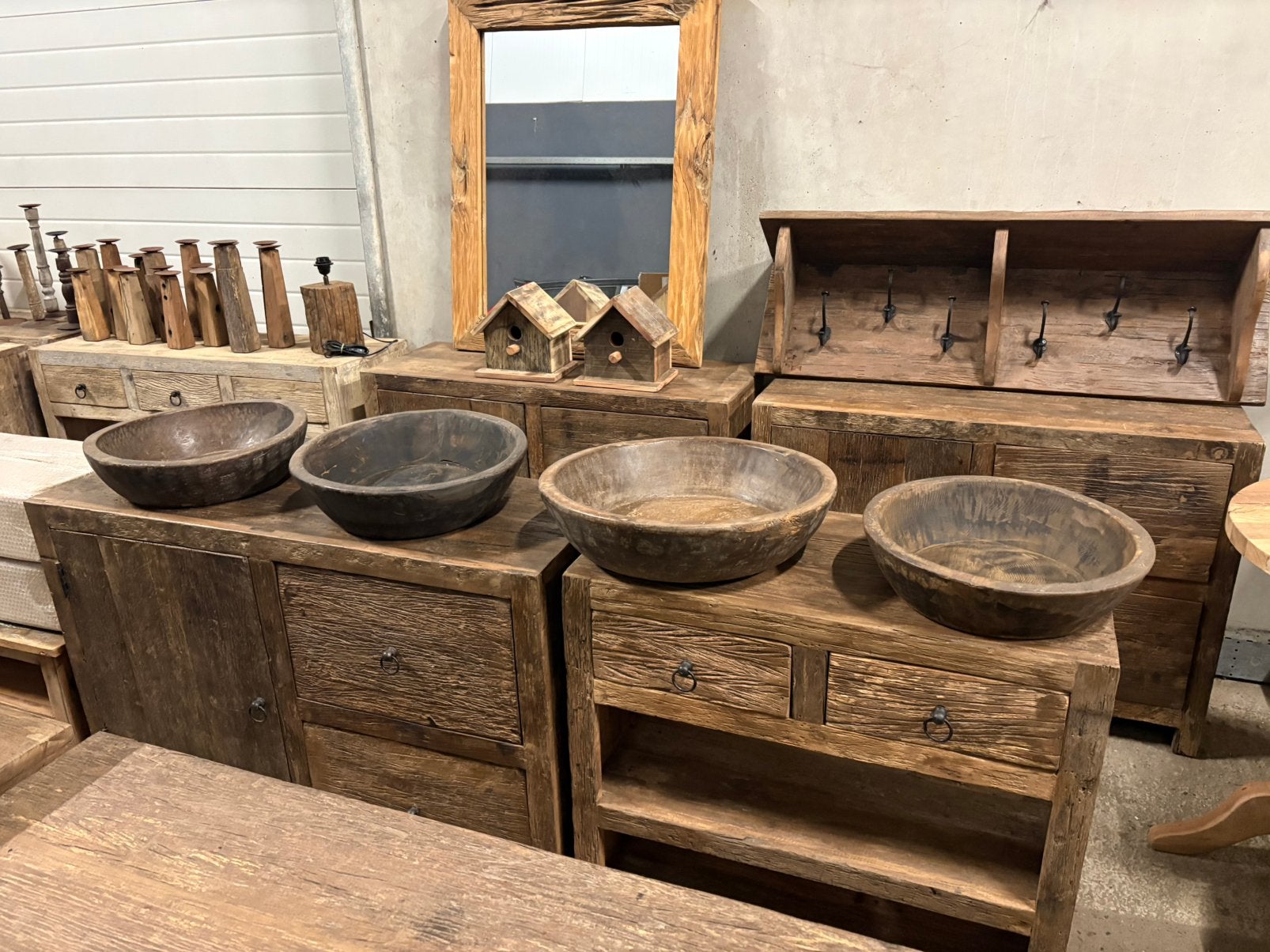 4 stoere oude houten schalen, Gebruikt, Schaal, Rond, Ophalen of Verzenden