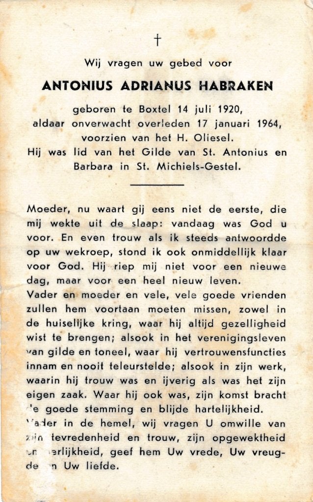 Habraken Antonius 1920 Boxtel 1964, Ophalen of Verzenden, Bidprentje