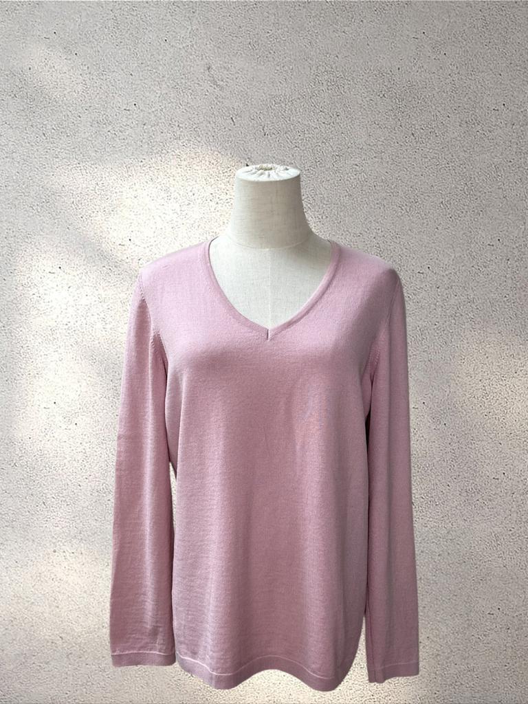 Maerz Pink Merino Wool Fine Knit V Neck Sweater EU 42, Ophalen of Verzenden, Zo goed als nieuw, Roze, Lange mouw