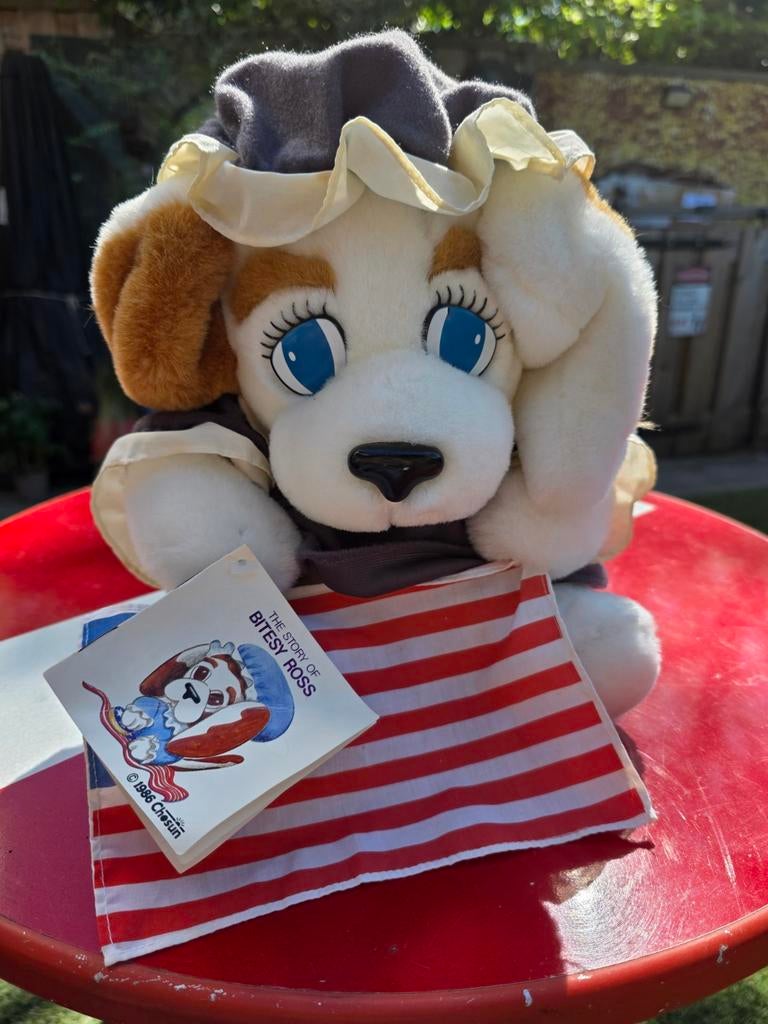 Vintage Bitesy Ross Hond Knuffel met Vlag en Boekje, Overige merken, Overige karakters, Middelgroot (20 tot 80 cm), Meerkleurig