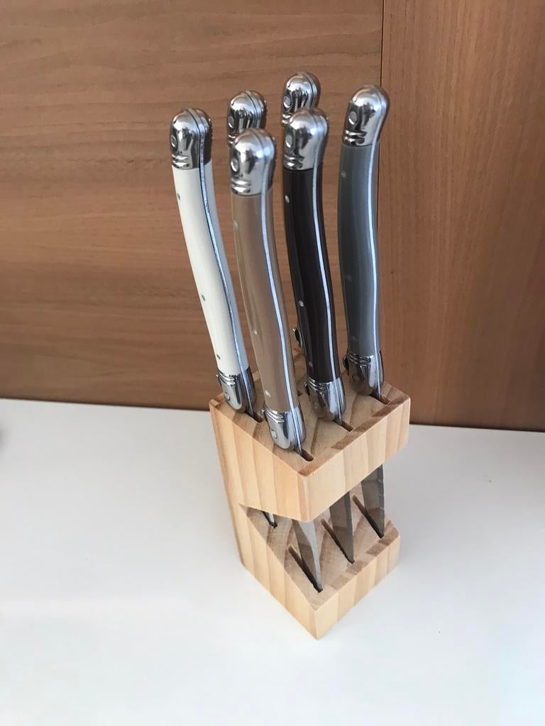 Laguiole steakmessen set in houten blok als nieuw, Ophalen, Zo goed als nieuw, Hout