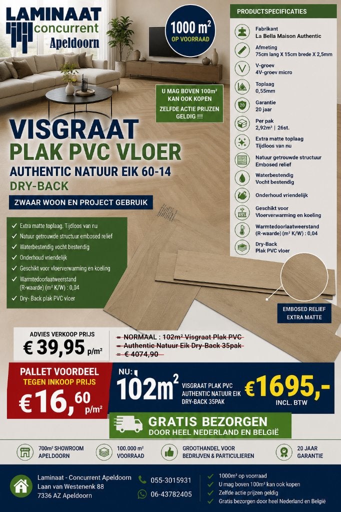 102m2 Visgraat Plak Pvc Natuur Eik Dry-Back 35pak = €1695