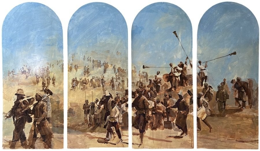 300. Paneelschilderij, tweede helft 20e eeuw, Antiek en Kunst, Kunst | Schilderijen | Modern, Ophalen, Hout, Olieverf, Figuren