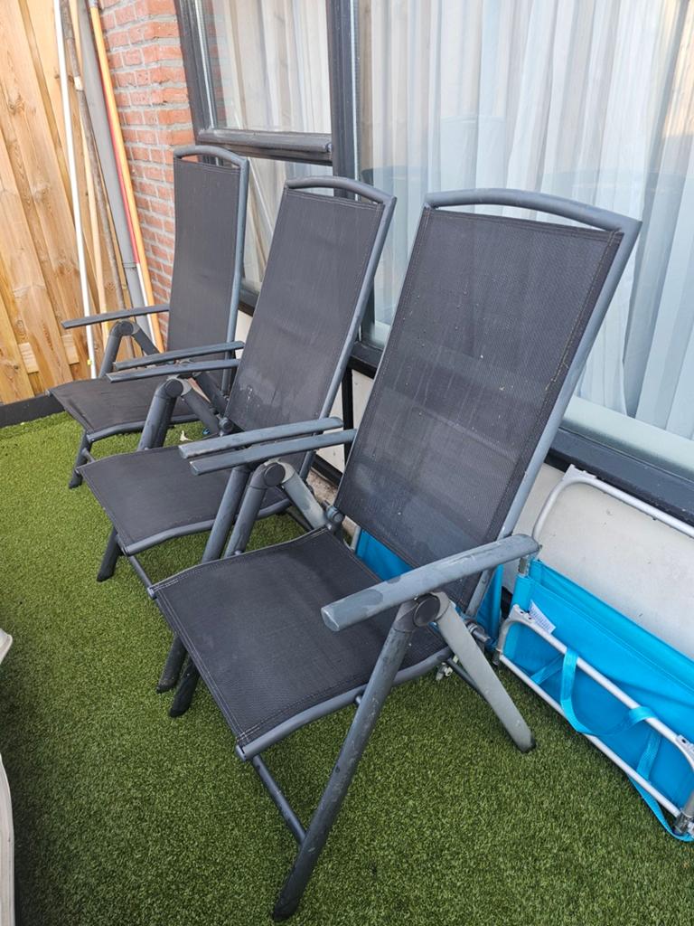 3 verstelbare tuinstoelen, grijs metaal en textileen, Tuin en Terras, Ophalen, Gebruikt, Metaal, Overige typen