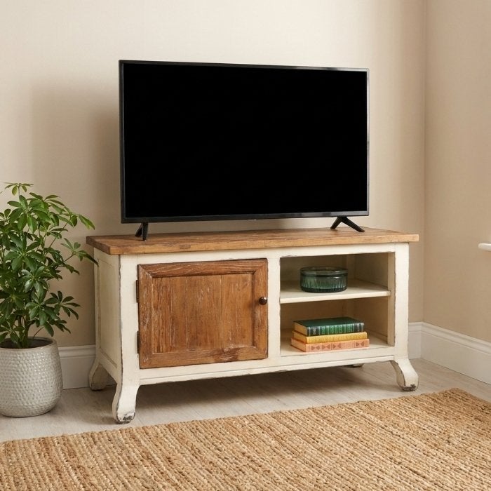 Klein tv-meubel landelijk | wit antiek | 95 cm breed, Ophalen, Nieuw, 50 tot 100 cm, Landelijk