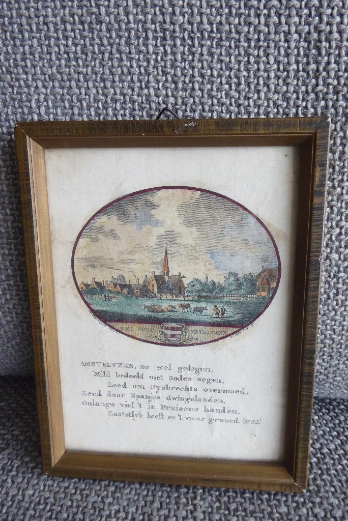 fraaie 18 e eeuwse ingekleurde gravure Amstelveen, Ophalen of Verzenden