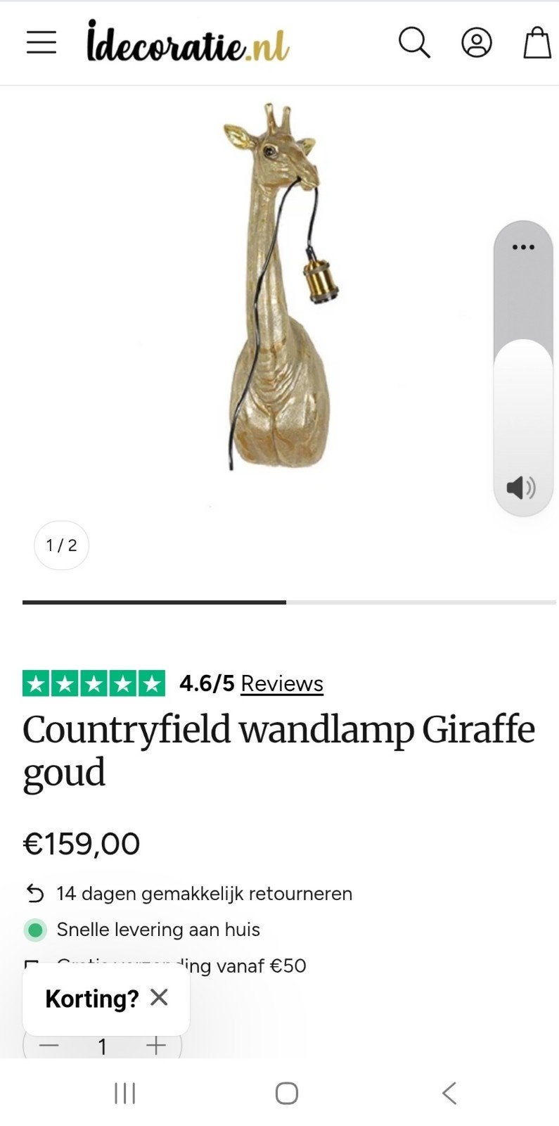 Countryfield Wandlamp Giraffe Goud A++, Huis en Inrichting, Nieuw, Ophalen of Verzenden, Wandlamp, Met snoer/stekker