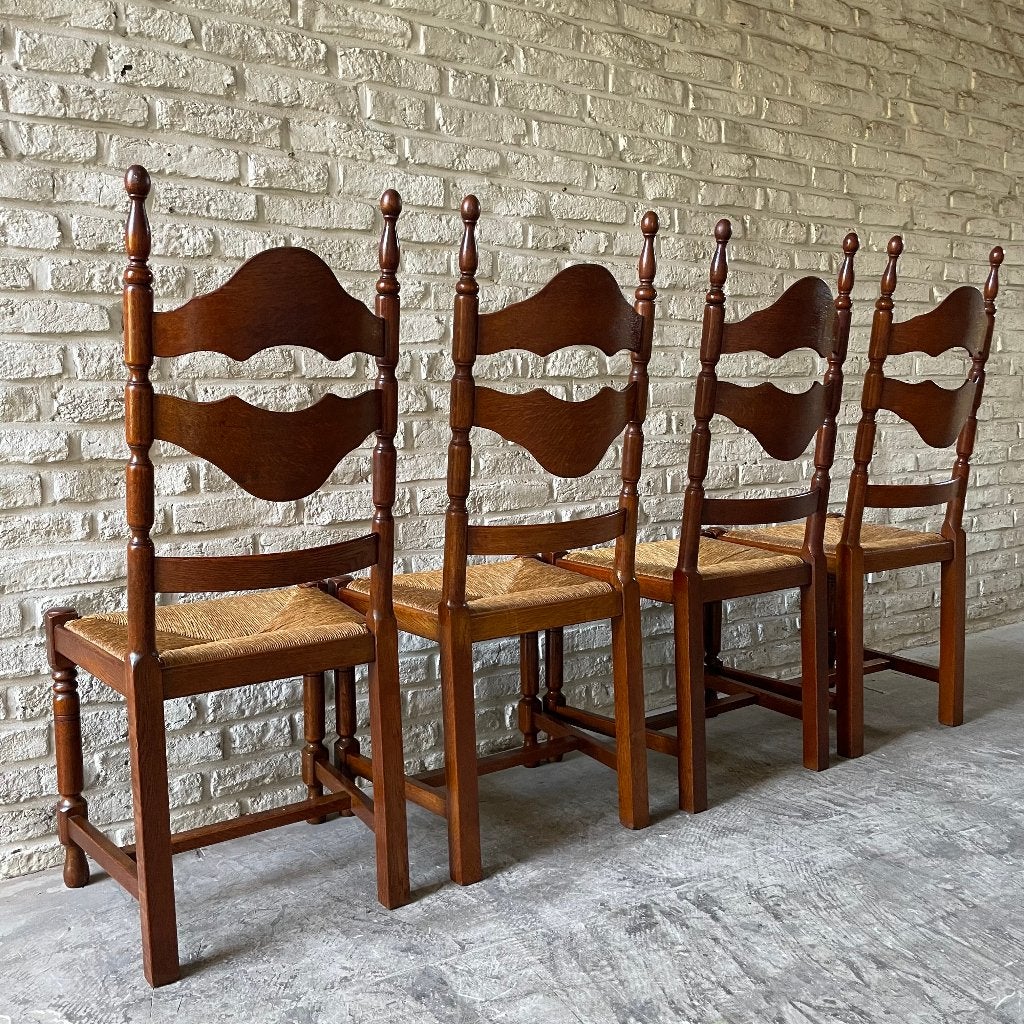 4X vintage Franse RAZOR blade eiken eetkamerstoelen, Huis en Inrichting, Ophalen, Bruin, Vintage, Hout
