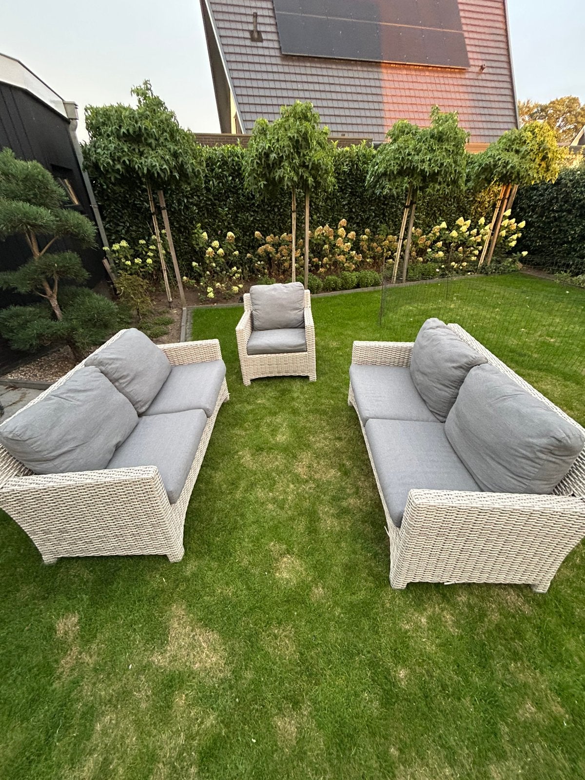 Gevlochten kunstrieten loungeset, Tuin en Terras, Tuinsets en Loungesets, Ophalen, 5 zitplaatsen, Kunststof, Gebruikt