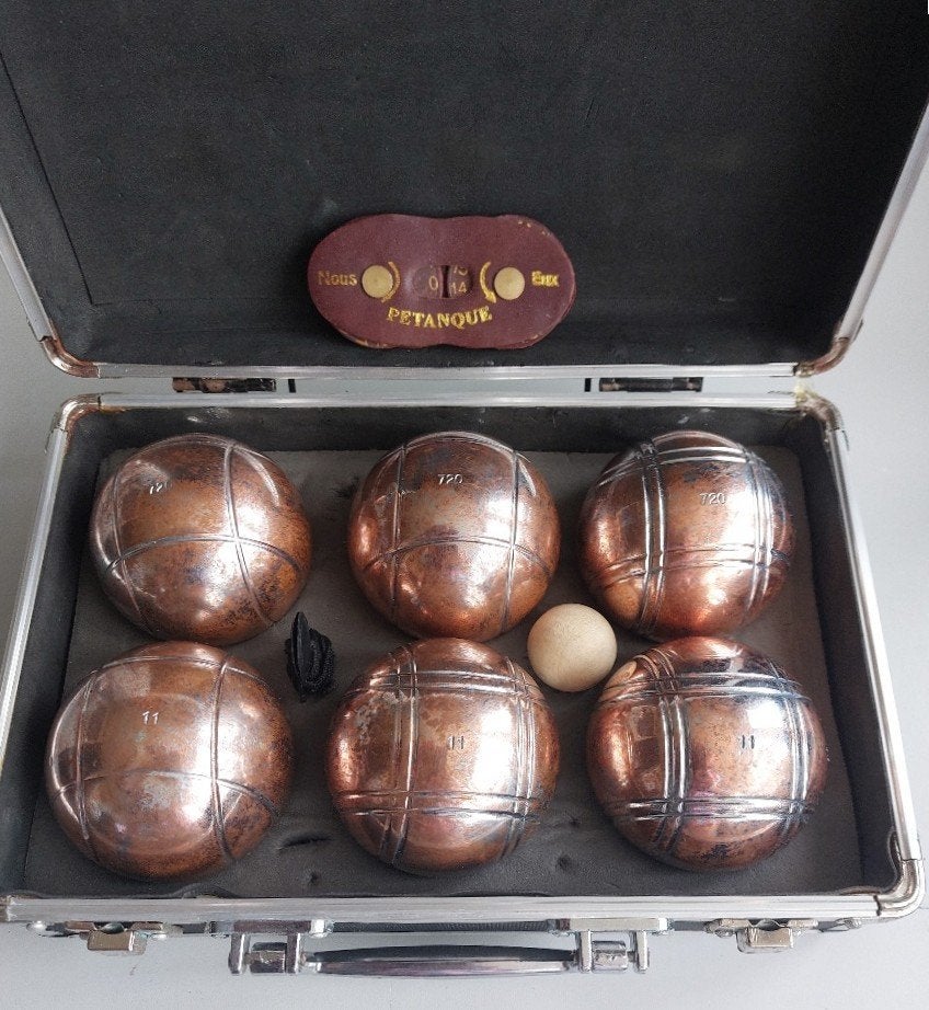 Jeu de Boules set. 6 ballen in goudkleurige ballen in koffer, Ophalen of Verzenden, Gebruikt
