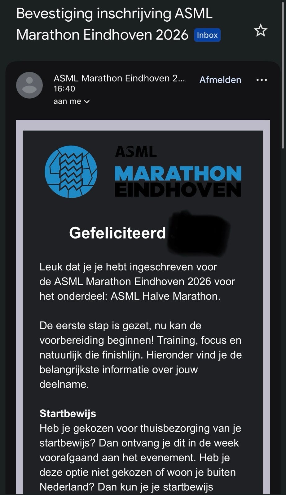 Startbewijs voor halve marathon van Eindhoven - 11 okt. 2026, Eén persoon, Oktober