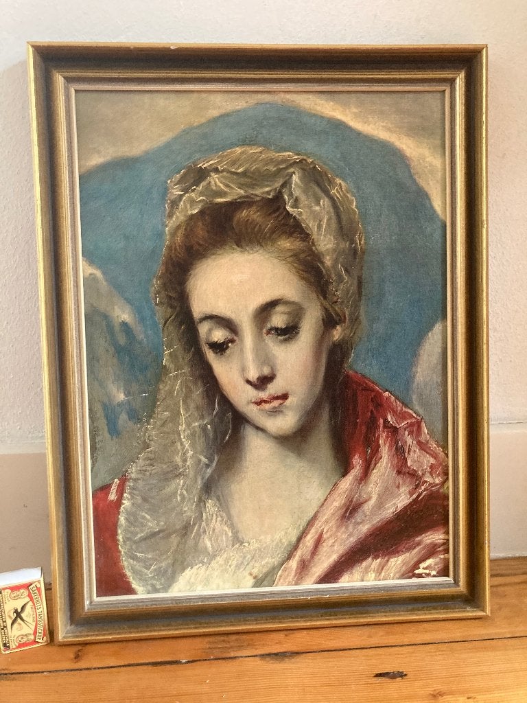 katholiek Maria in rode mantel schilderijtje blauwe hemel, Antiek en Kunst, Ophalen of Verzenden