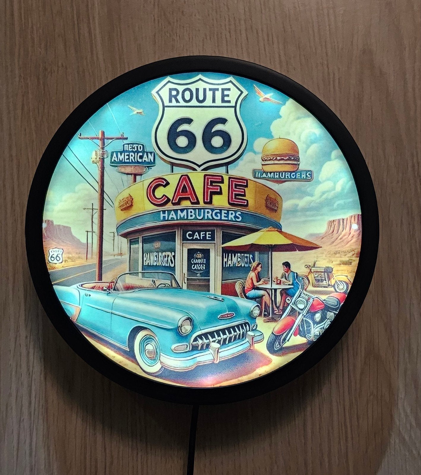 Route 66 Reclamebord met LED-verlichting - 20 cm, Ophalen of Verzenden, Meerkleurig