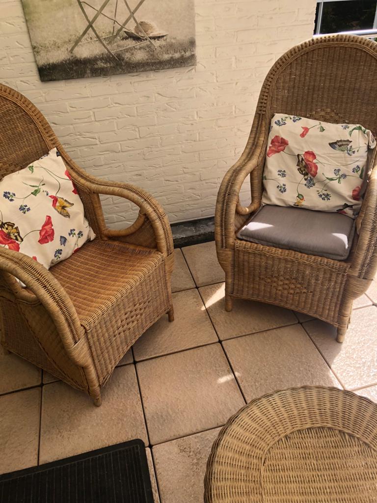 Set van 2 rieten stoelen met kussens, Ophalen, Gebruikt, Twee, Overige kleuren