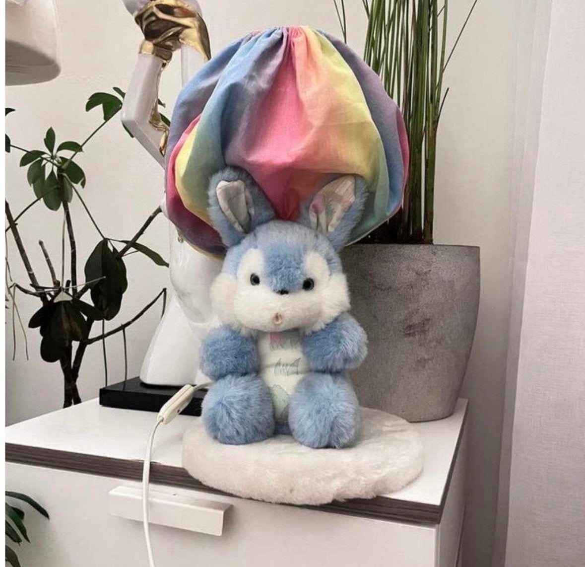 Vintage Nounours lamp - Blauw pluche konijn met regenboogkap, Met schakelaar, Overige merken, Meerkleurig, E14 (klein)