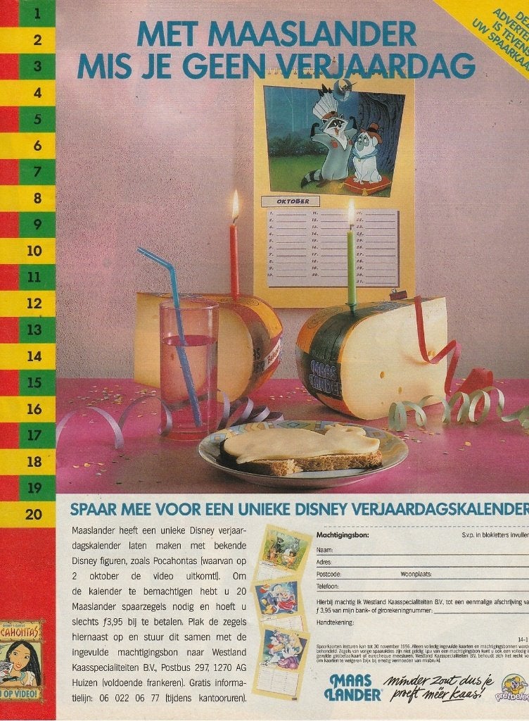 retro reclame 1996 Maaslander zuivel Disney kalender, Verzenden, Overige typen