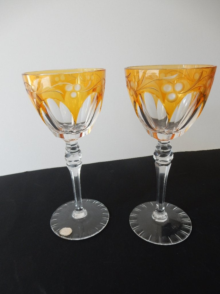 2 Vintage Kristallen Wijnglazen met geslepen Decoratie, Ophalen of Verzenden