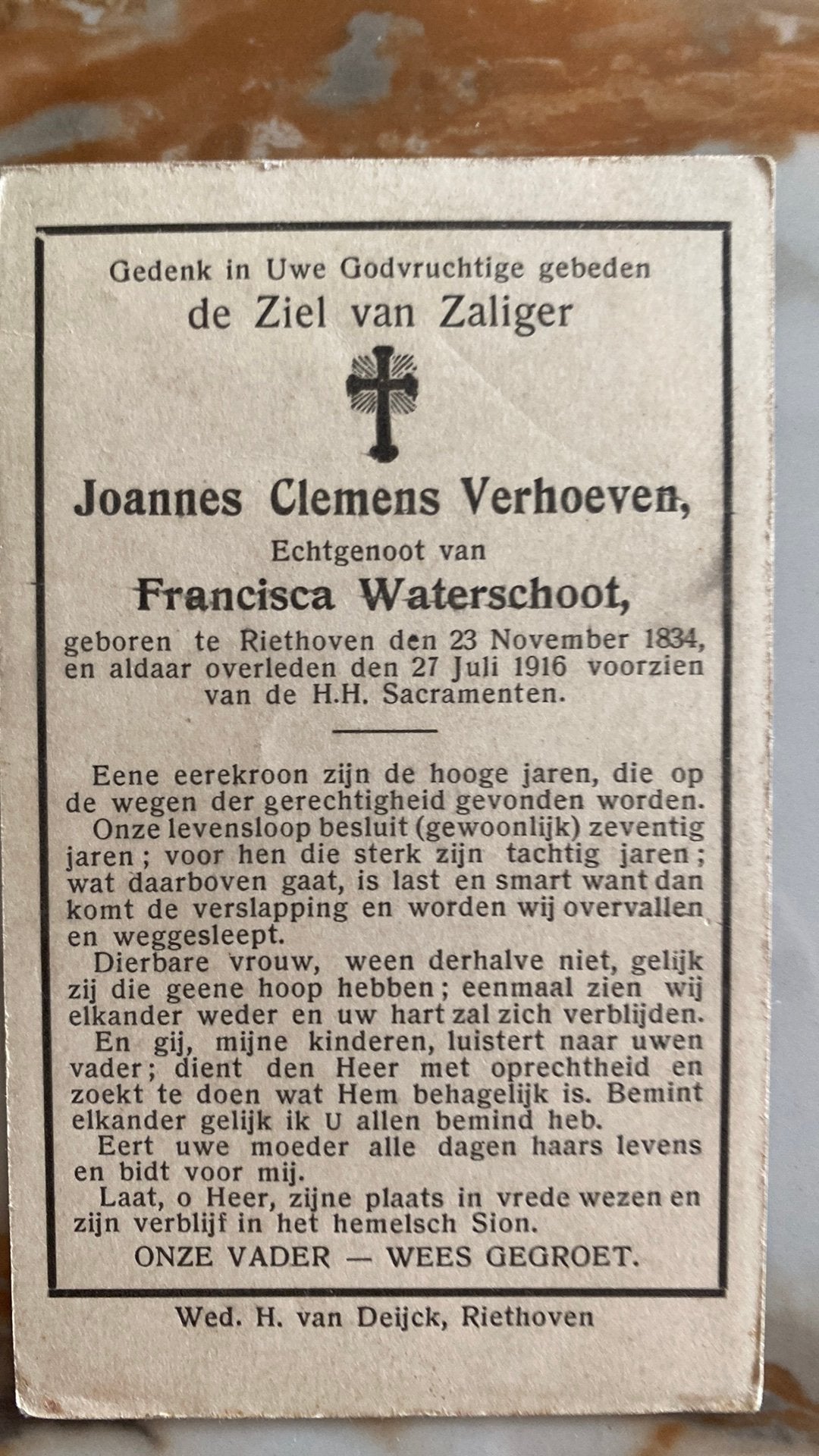 JC Verhoeven x Waterschoot 1834 Riethoven 1916, Ophalen of Verzenden