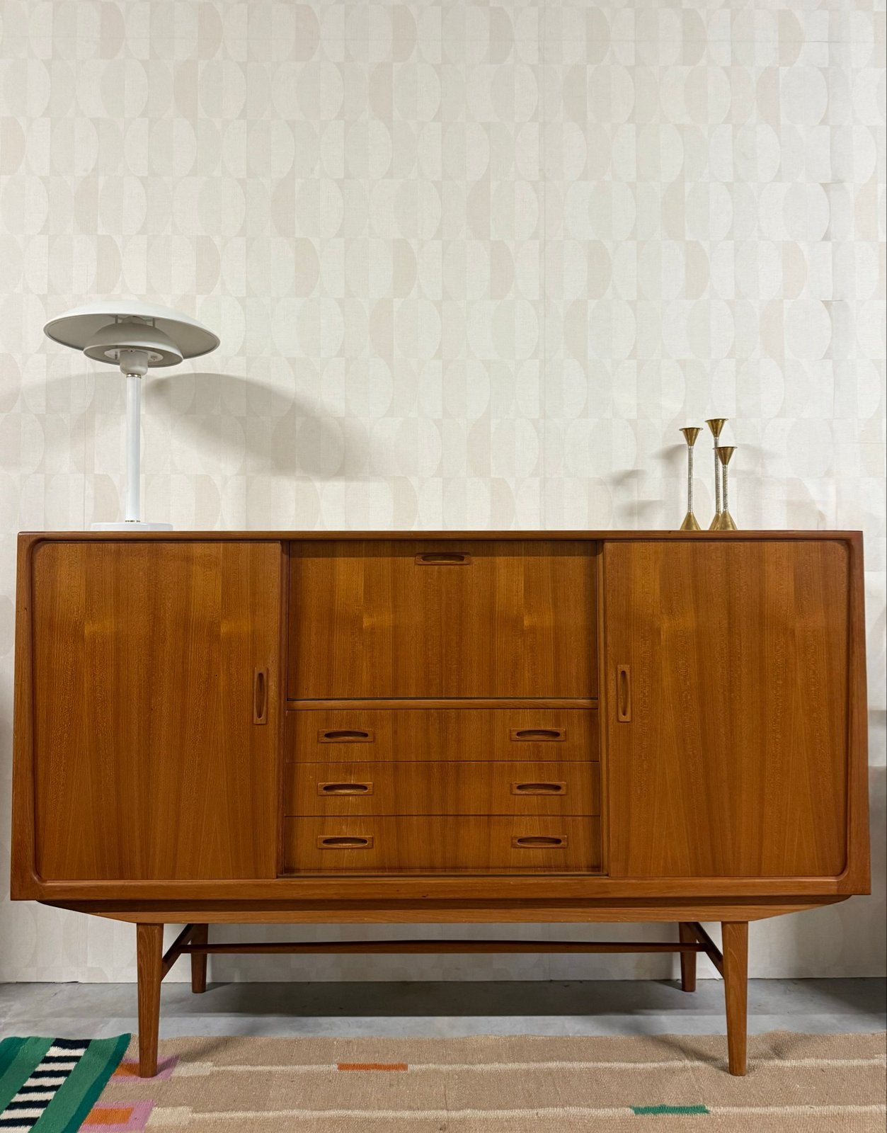 Vintage Deense wandkast highboard barkast teak jaren 60, 150 tot 200 cm, Zo goed als nieuw, 25 tot 50 cm, Met lade(s)
