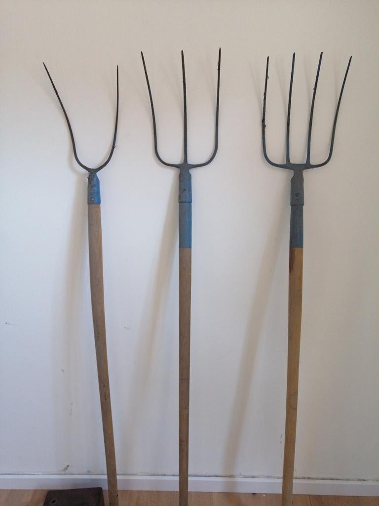 Set van 3 hooivorken: tweetand, drietand en viertand, Tuin en Terras, Hand-tuingereedschap, Ophalen, Gebruikt, Vork
