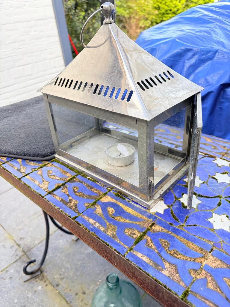 Chroom kandelaar met glazen wanden, Huis en Inrichting, Woonaccessoires | Kandelaars en Kaarsen, Gebruikt, 25 tot 50 cm, Ophalen of Verzenden