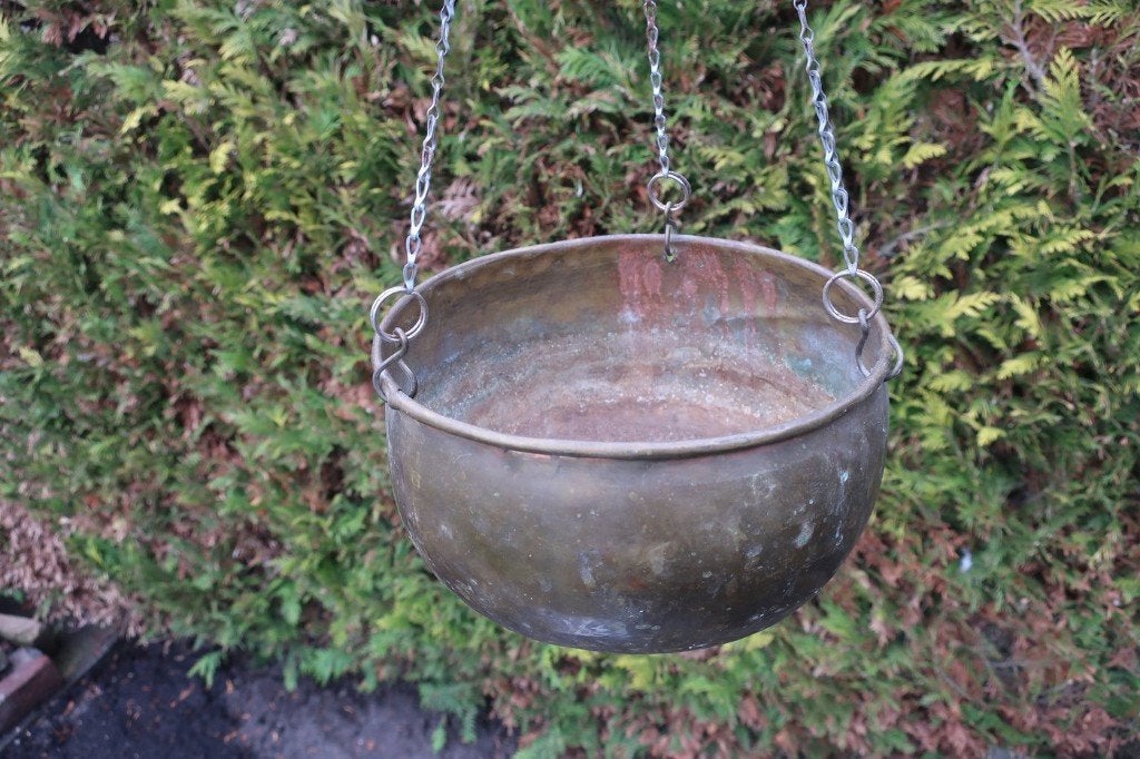 Koperen bloembak om op te hangen, Tuin en Terras, Bloembakken en Plantenbakken, Gebruikt, Minder dan 30 cm, Rond, Ophalen of Verzenden