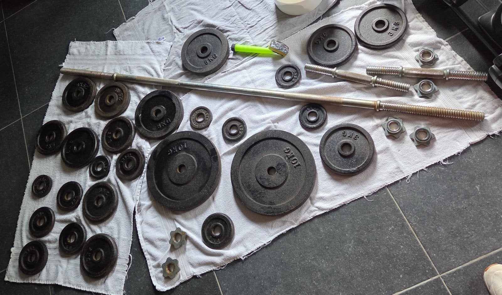 dumbell en halter set stangen gewichten  +- 80 kilo totaal, Sport en Fitness, Ophalen, Benen, Gebruikt, Overige typen