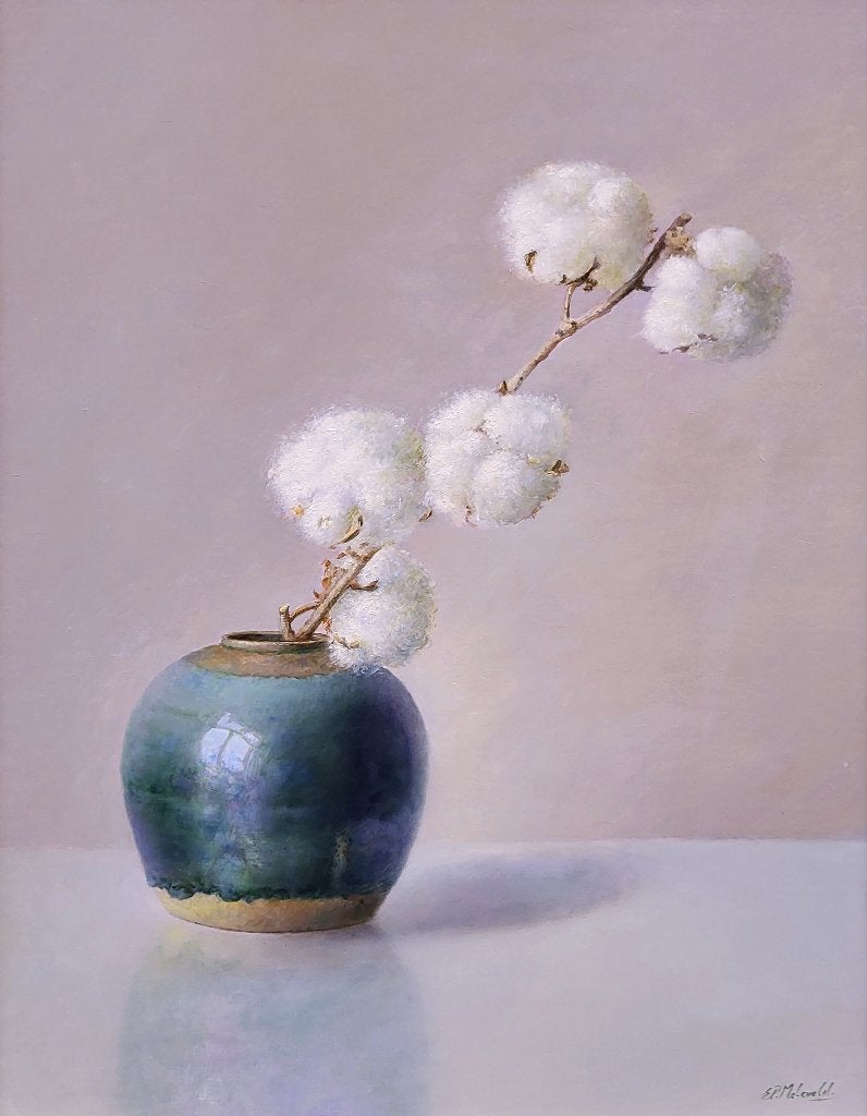 E.P. Moleveld, katoen op gemberpot, 40x50cm, 1250,- euro, Ophalen, Doek, Realistisch, Stilleven