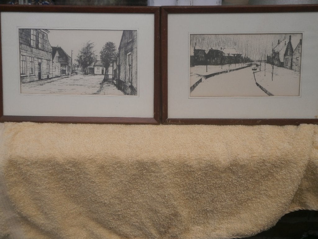 2 Onbekende getekende straat tafereeltjes info gevraagd, Antiek en Kunst, Kunst | Tekeningen en Foto's, Ophalen