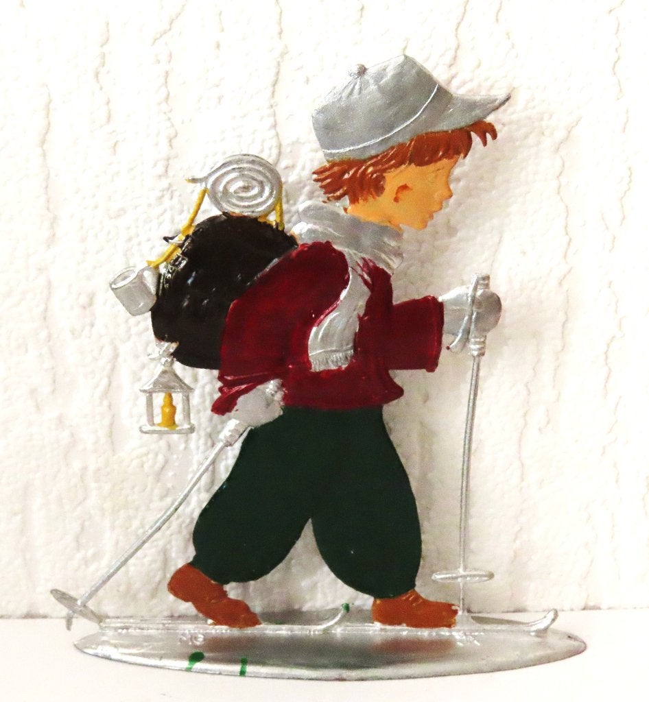 Wilhelm Schweizer Skiër met rugzak ( handbeschilderd tin ), Ophalen of Verzenden