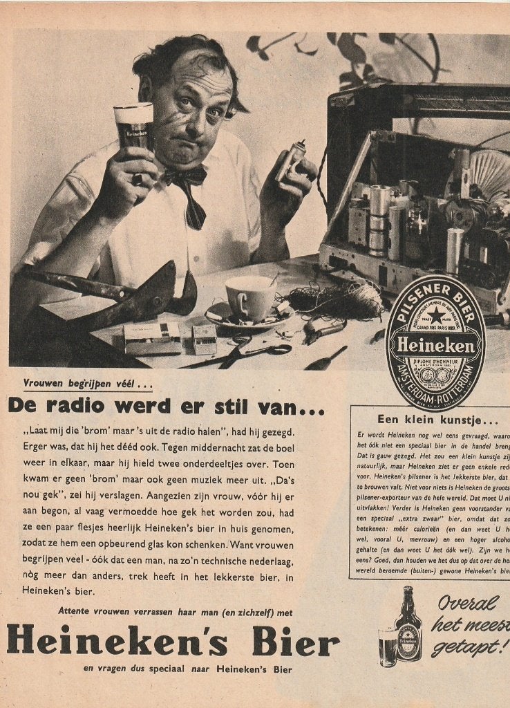 Retro reclame 1956 Heineken bier radio kapot hemaakt, Verzamelen, Verzenden, Overige typen