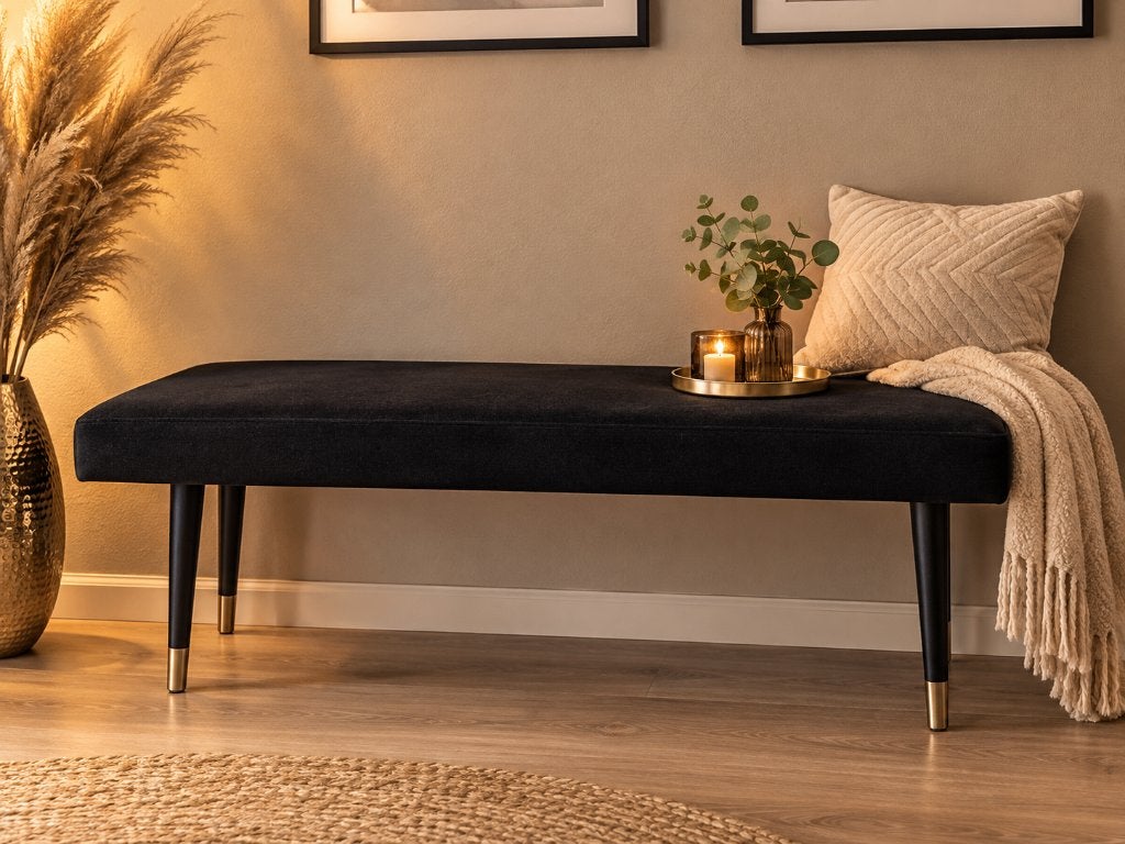 Zwart velvet bankje met goud aan de poten, Huis en Inrichting, Ophalen, Zo goed als nieuw, Rechthoekig