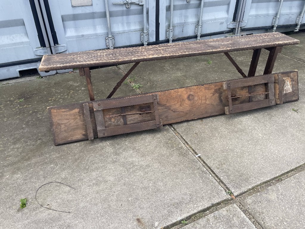 2  Oude houten schragenbanken - klapbank - vintage, Huis en Inrichting, Ophalen, Gebruikt, Overige maten, Minder dan 75 cm