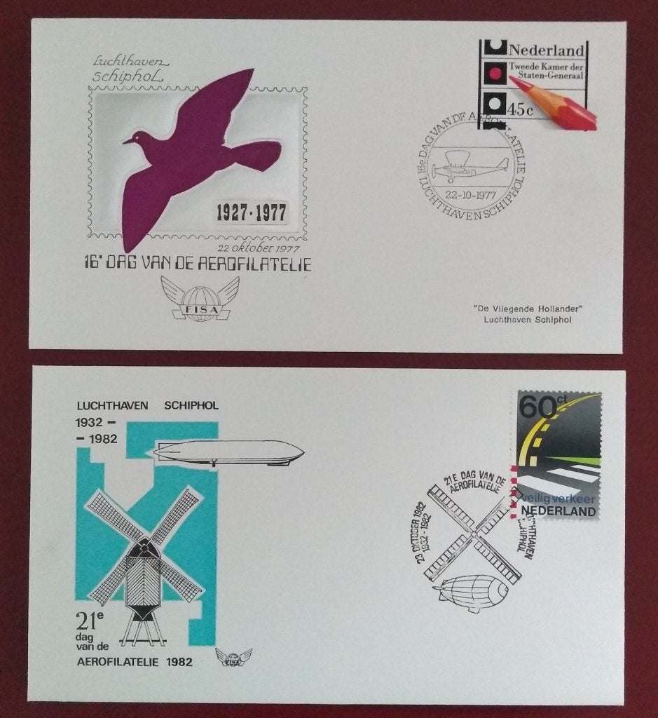 2x Dag van de Aerofilatelie Schiphol envelop 1977/1982 mint, Verzenden, Envelop