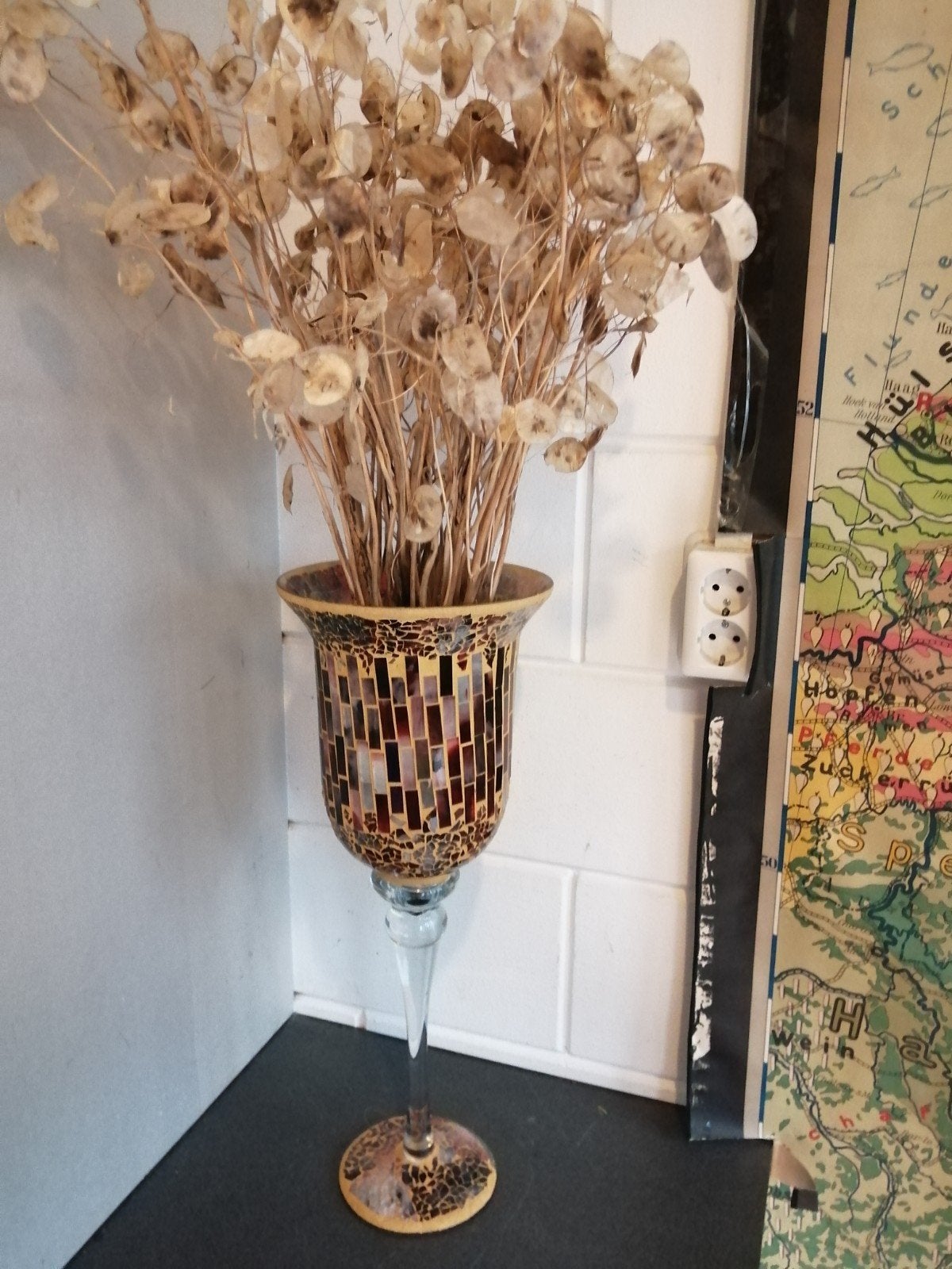 Xxl oude glazen vaas ingelegde mozaïek 52x21 cm mooie staat, Ophalen of Verzenden