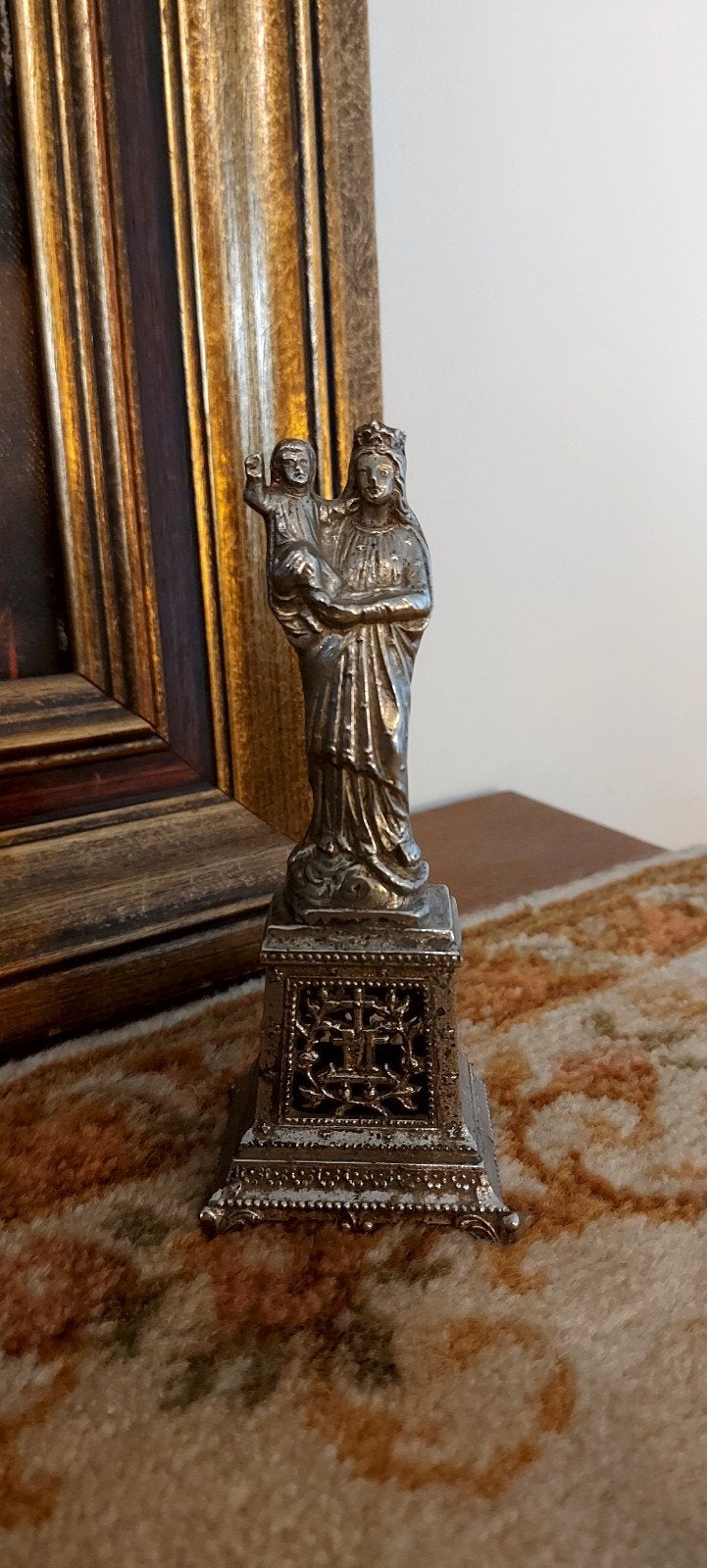 Prachtig Antiek Frans Mariabeeld op sokkel, Ophalen of Verzenden