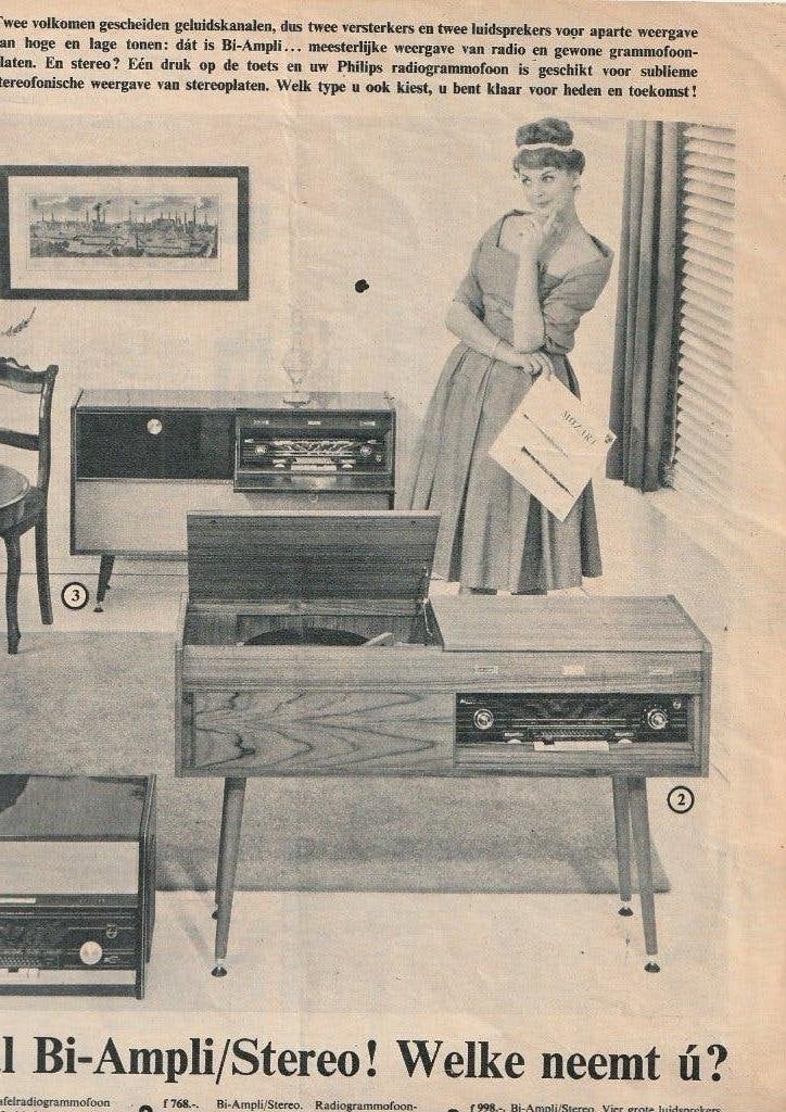 Retro reclame 1961 Philips radio's bi-ampli stereo, Ophalen of Verzenden, Overige typen