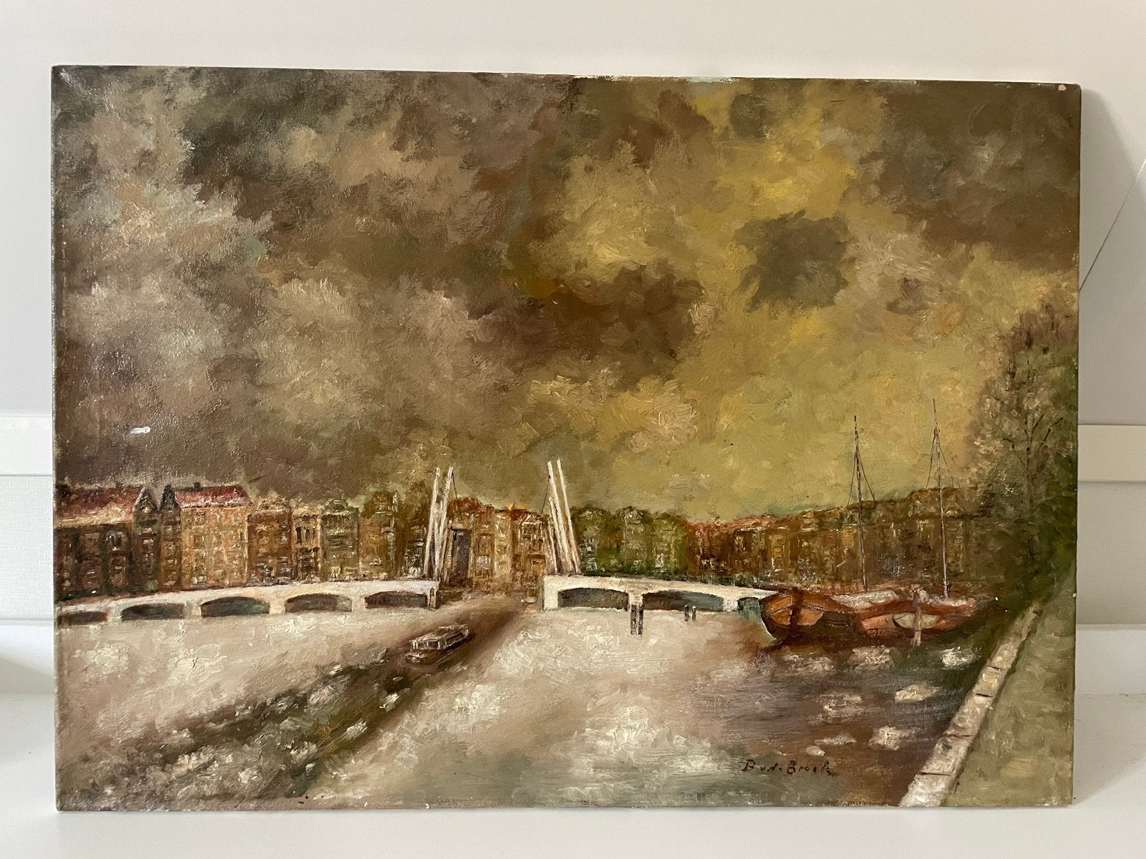 Winters stadsgezicht Amsterdam “Magere Brug” | B. vd Broek, Paneel, Nederlandse school, Ophalen of Verzenden, Gesigneerd