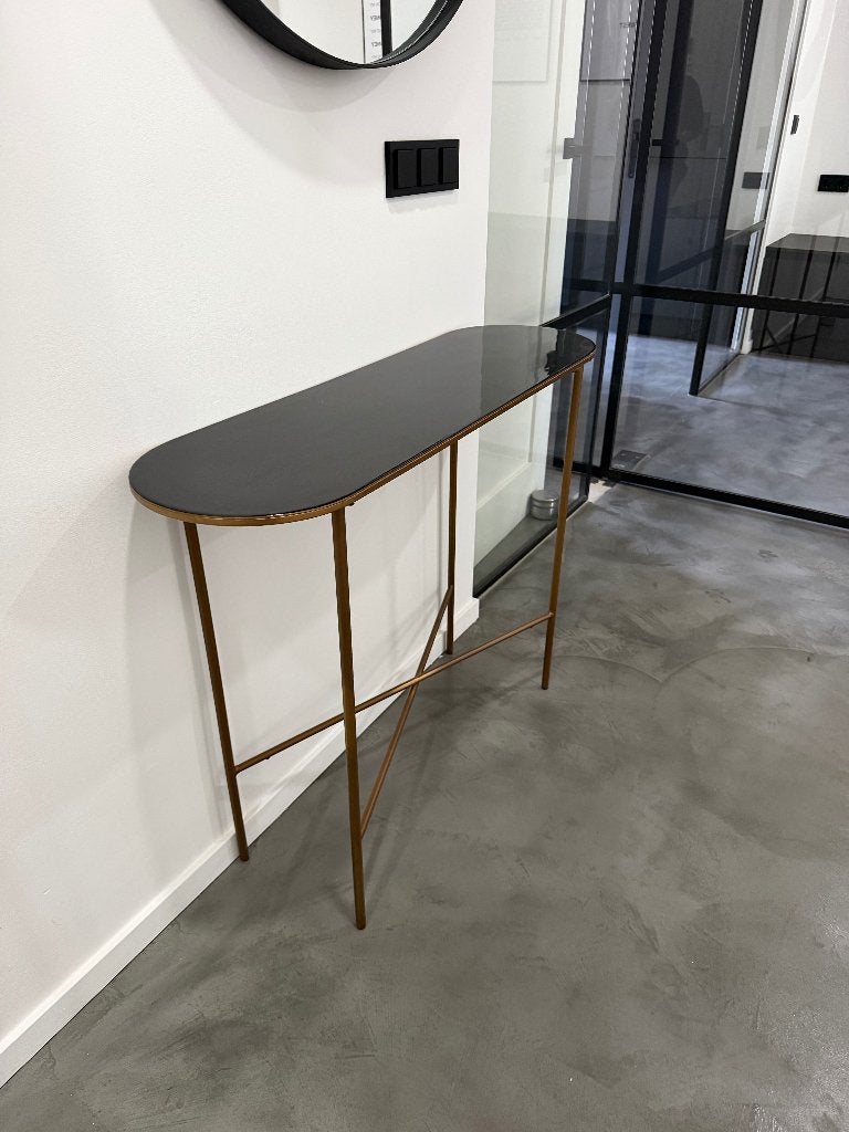 Black Glass and Gold Entry / Side Table, Ophalen, Gebruikt, 50 tot 100 cm, Glas