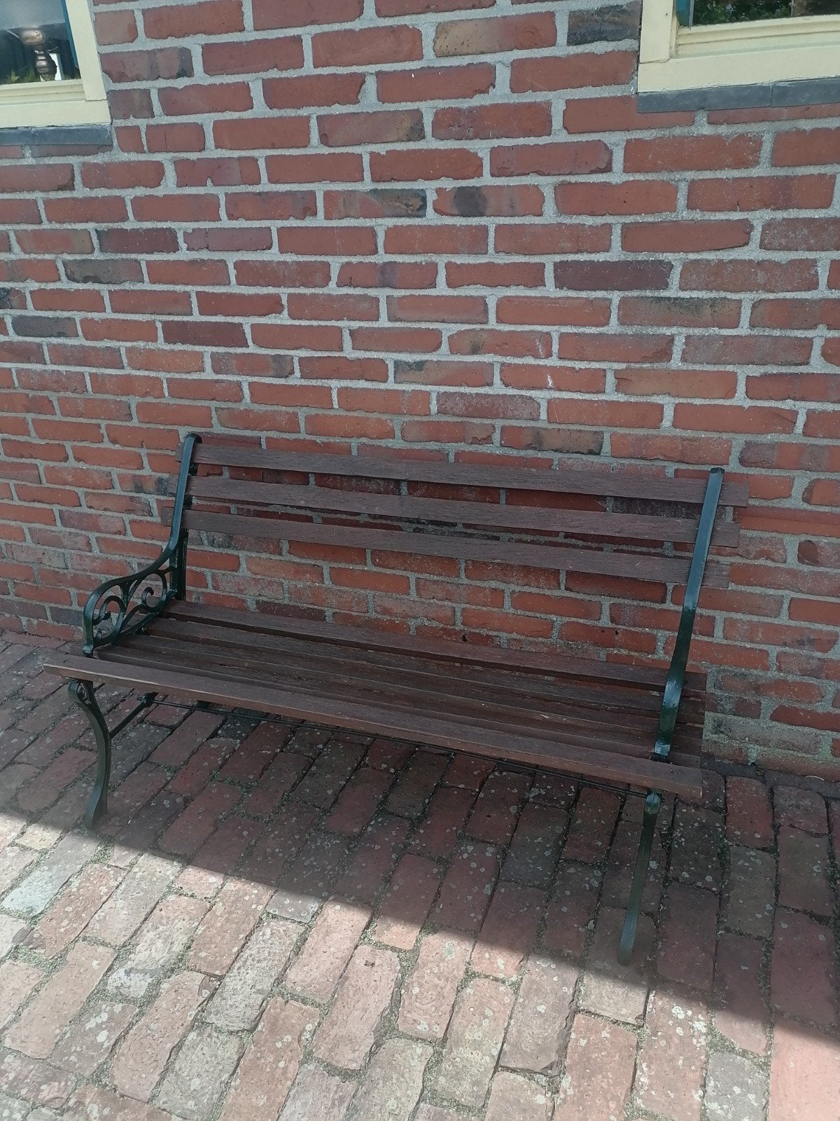 Tuinbankje gietijzer groen met hardhout latten., Ophalen, Gebruikt, Hout