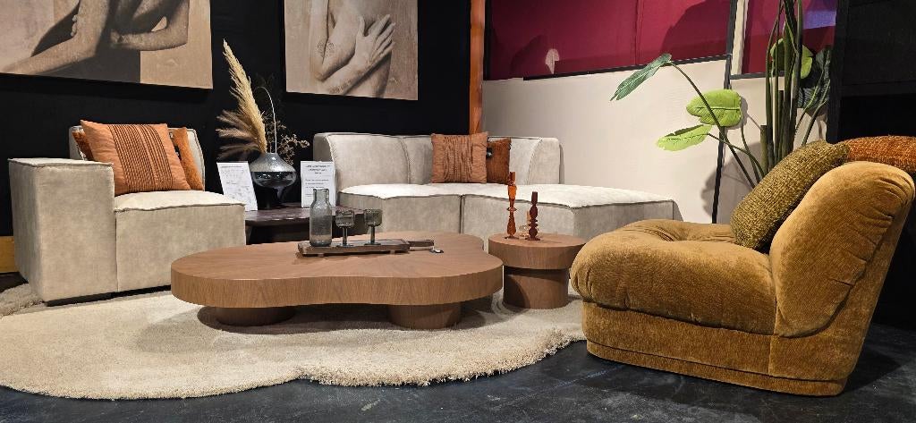 Organische Salontafel Naturel Walnoot Showmodel korting!, Huis en Inrichting, Tafels | Salontafels, Ophalen, Japandi, 100 tot 150 cm